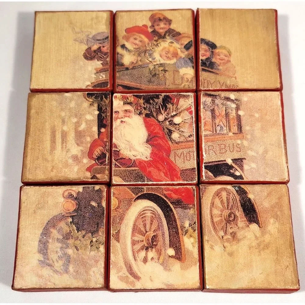vintage Daddy Xmas Motor Bus 9 piece large wood Block‎ Puzzle santa Christmas